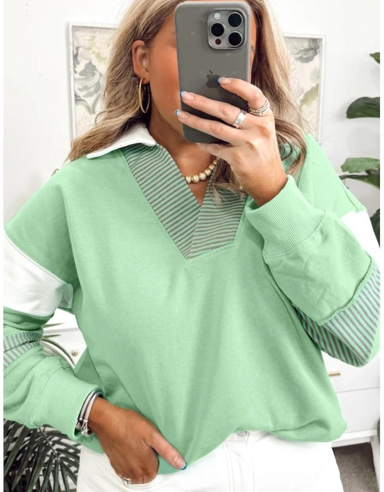 Moonlight Jade Color Block Striped Patchwork Collar V Neck Plus Size Sweatshirt