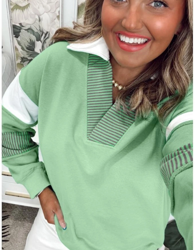 Moonlight Jade Color Block Striped Patchwork Collar V Neck Plus Size Sweatshirt