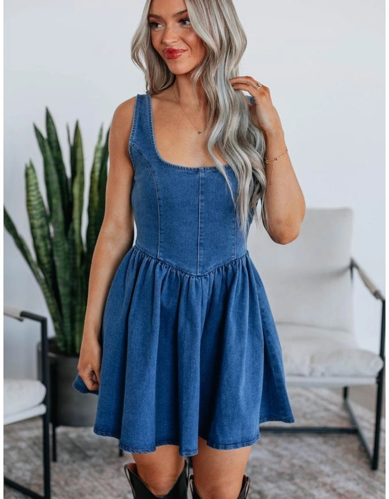 Sail Blue Square Neck Bowknot A-line Sleeveless Denim Dress