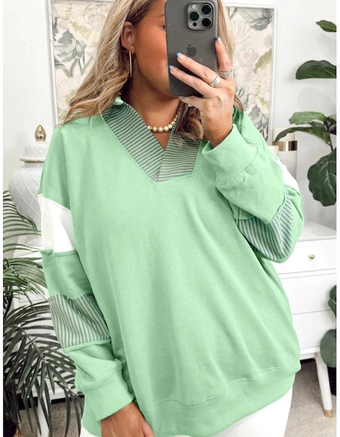 Moonlight Jade Color Block Striped Patchwork Collar V Neck Plus Size Sweatshirt