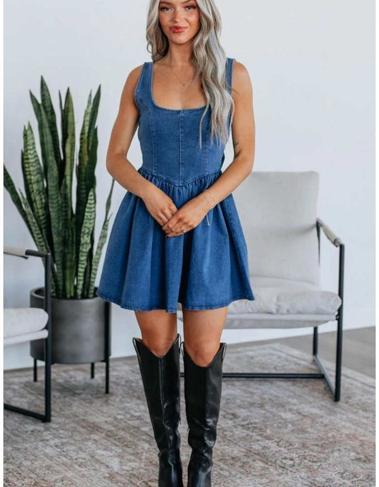 Sail Blue Square Neck Bowknot A-line Sleeveless Denim Dress