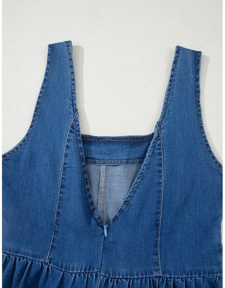 Sail Blue Square Neck Bowknot A-line Sleeveless Denim Dress