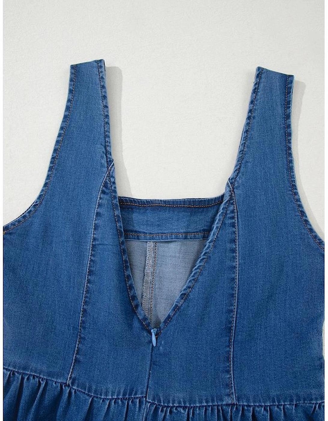 Sail Blue Square Neck Bowknot A-line Sleeveless Denim Dress