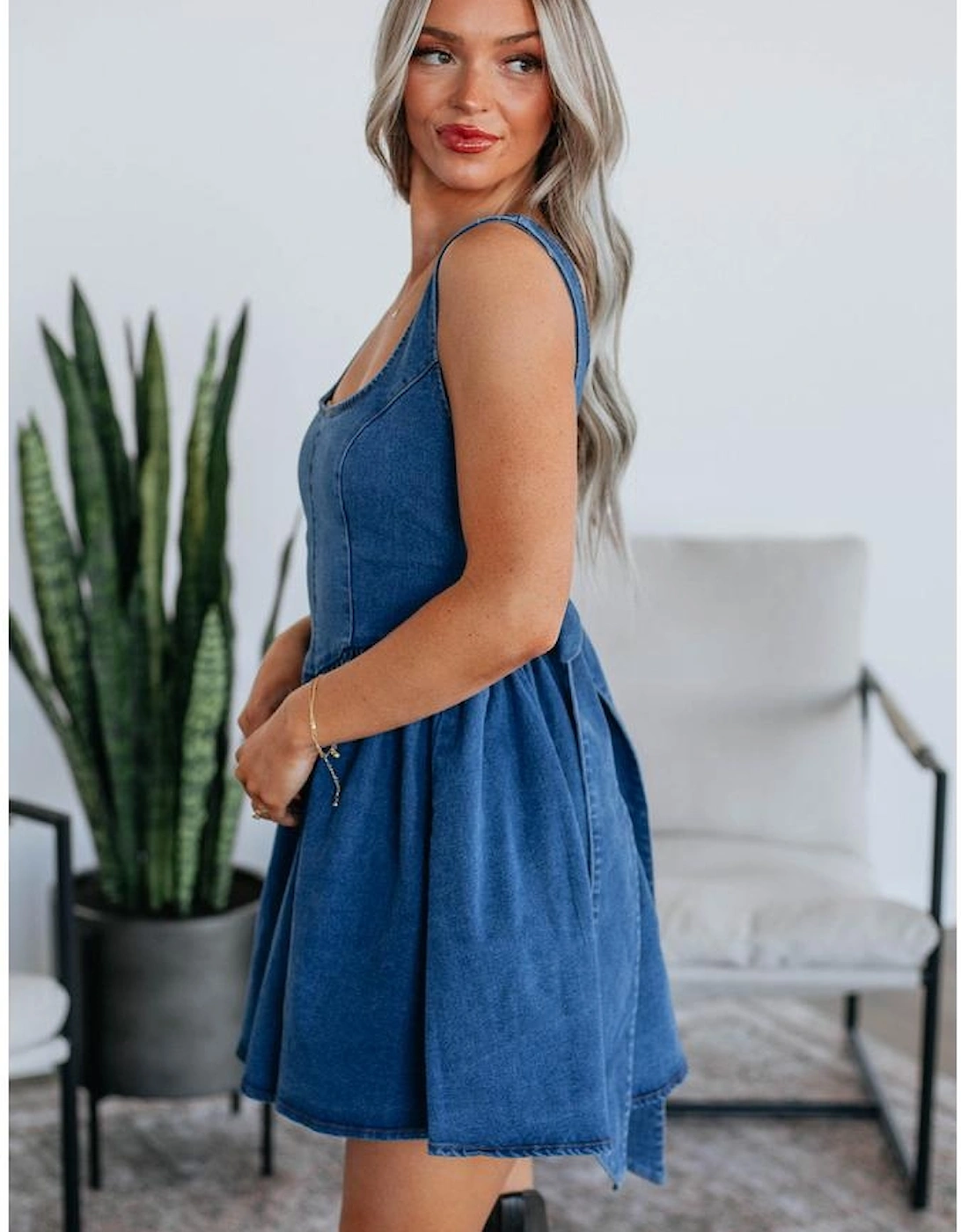 Sail Blue Square Neck Bowknot A-line Sleeveless Denim Dress