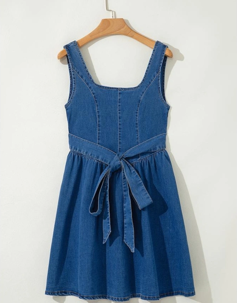 Sail Blue Square Neck Bowknot A-line Sleeveless Denim Dress