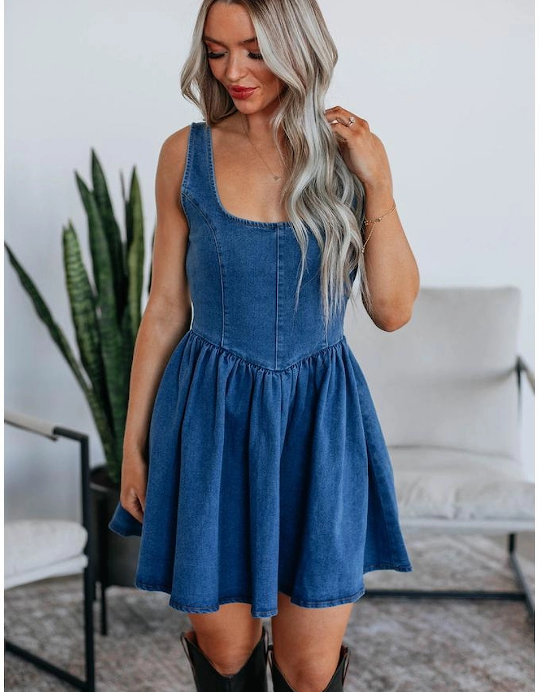 Sail Blue Square Neck Bowknot A-line Sleeveless Denim Dress