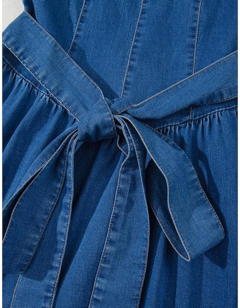 Sail Blue Square Neck Bowknot A-line Sleeveless Denim Dress