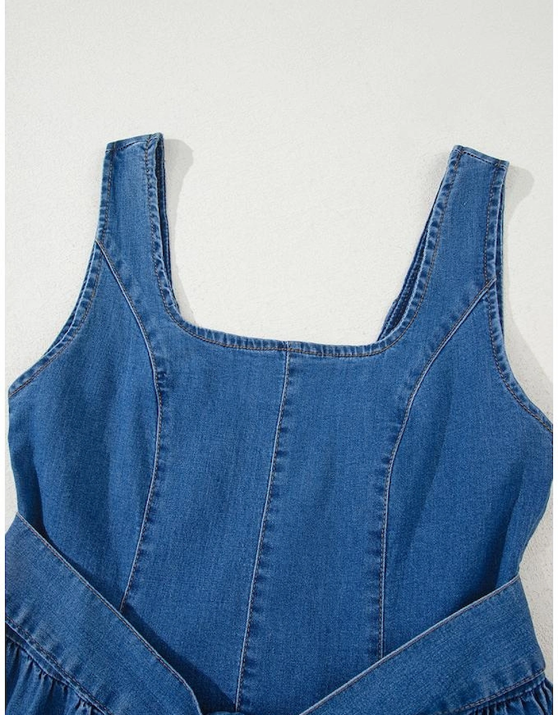 Sail Blue Square Neck Bowknot A-line Sleeveless Denim Dress