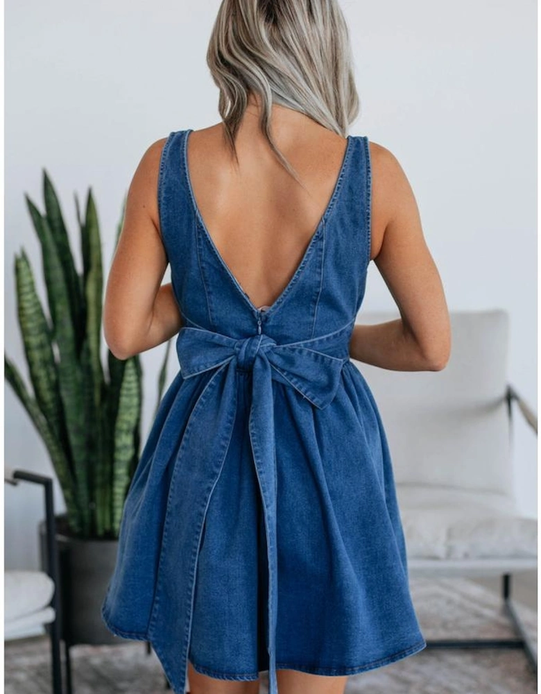 Sail Blue Square Neck Bowknot A-line Sleeveless Denim Dress
