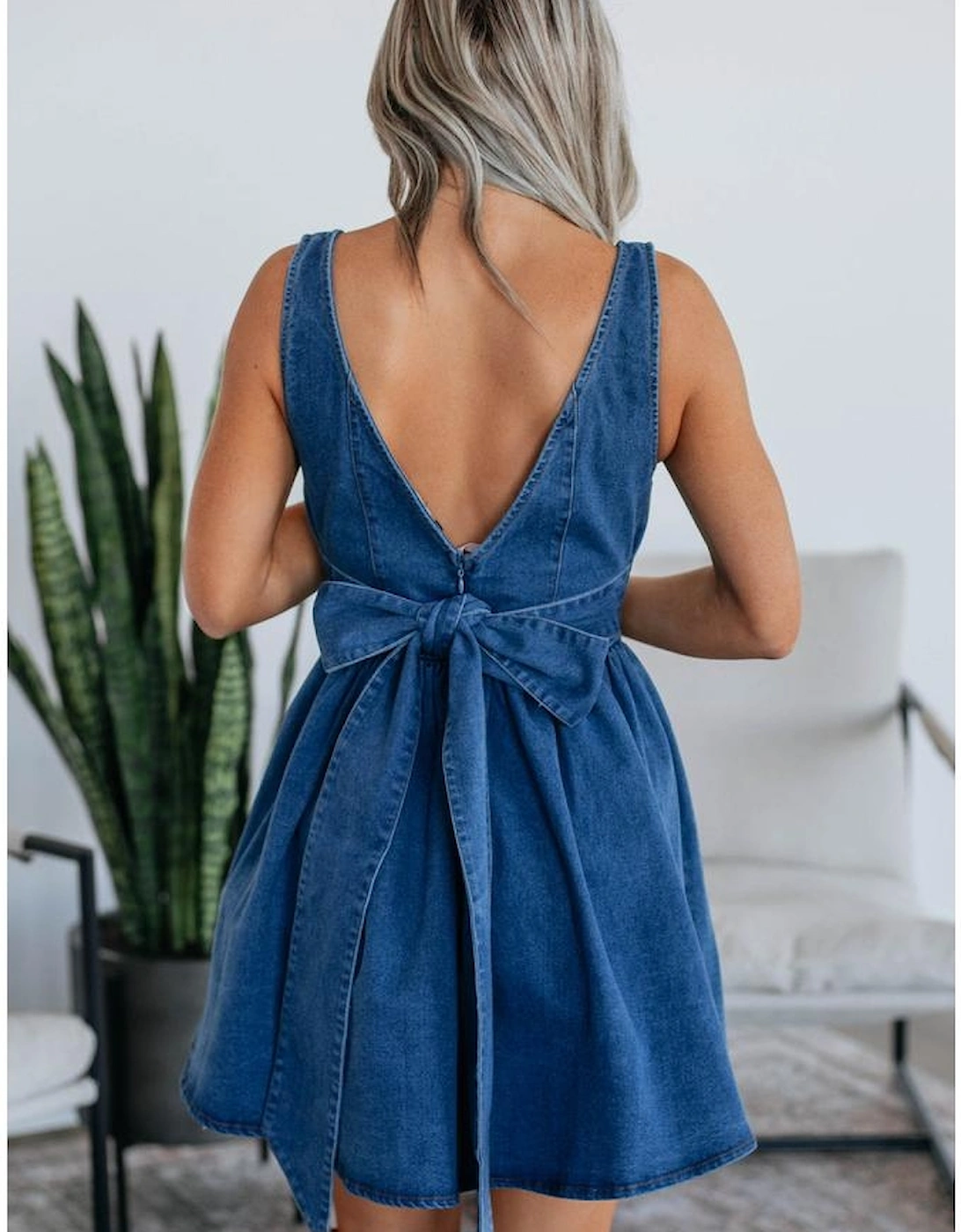 Sail Blue Square Neck Bowknot A-line Sleeveless Denim Dress