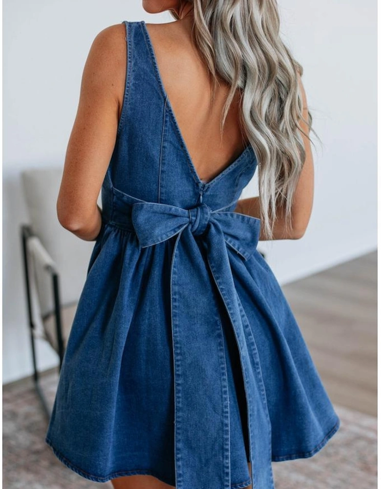Sail Blue Square Neck Bowknot A-line Sleeveless Denim Dress