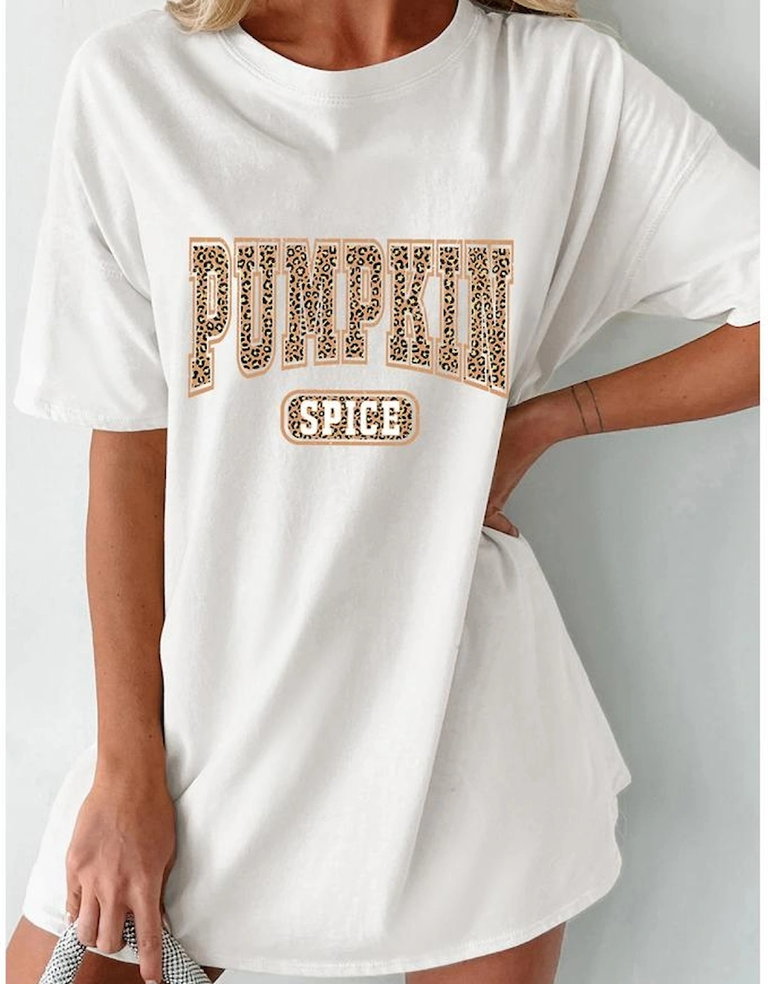 White PUMPKIN SPICE Leopard Graphic Tunic T Shirt