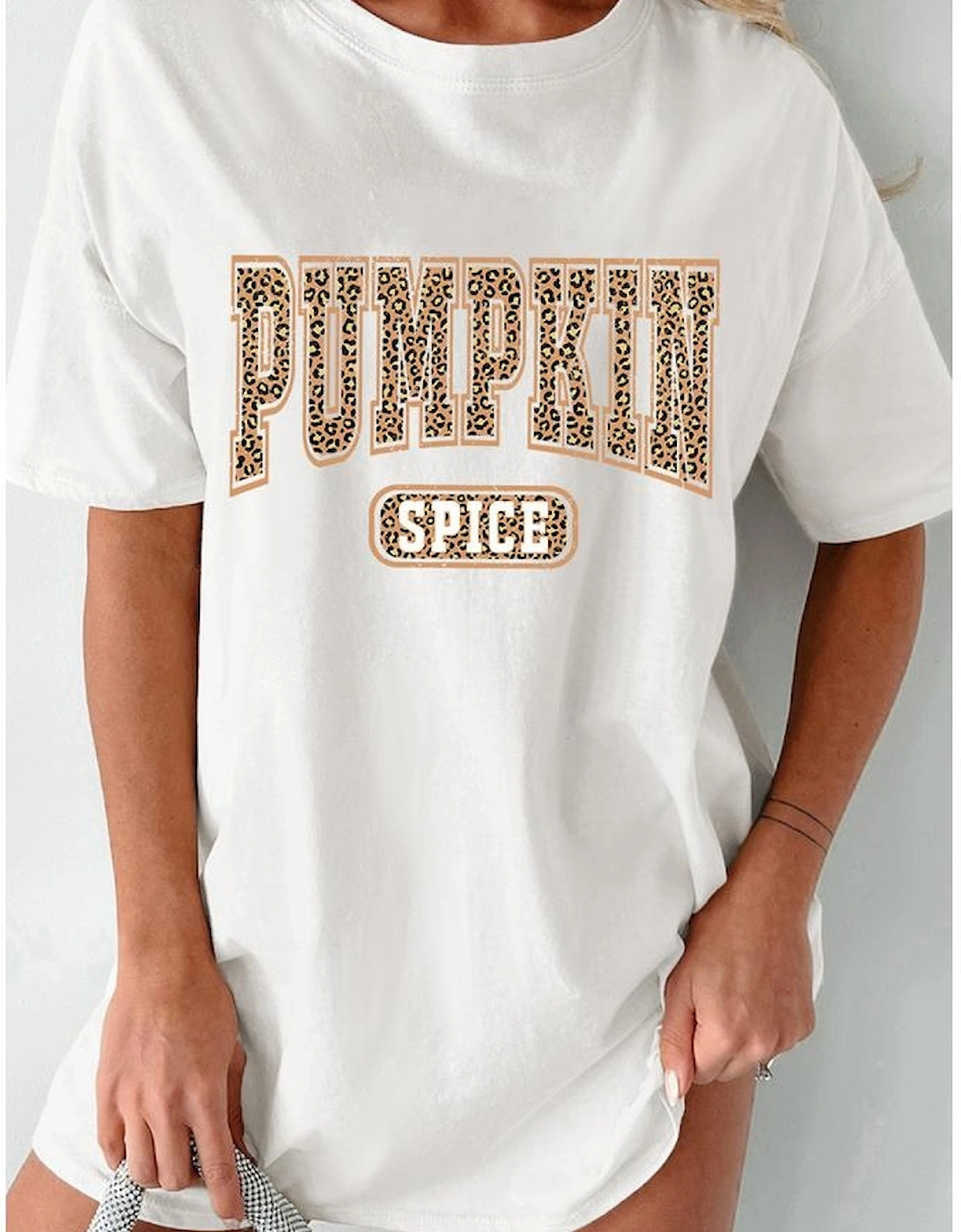 White PUMPKIN SPICE Leopard Graphic Tunic T Shirt, 6 of 5