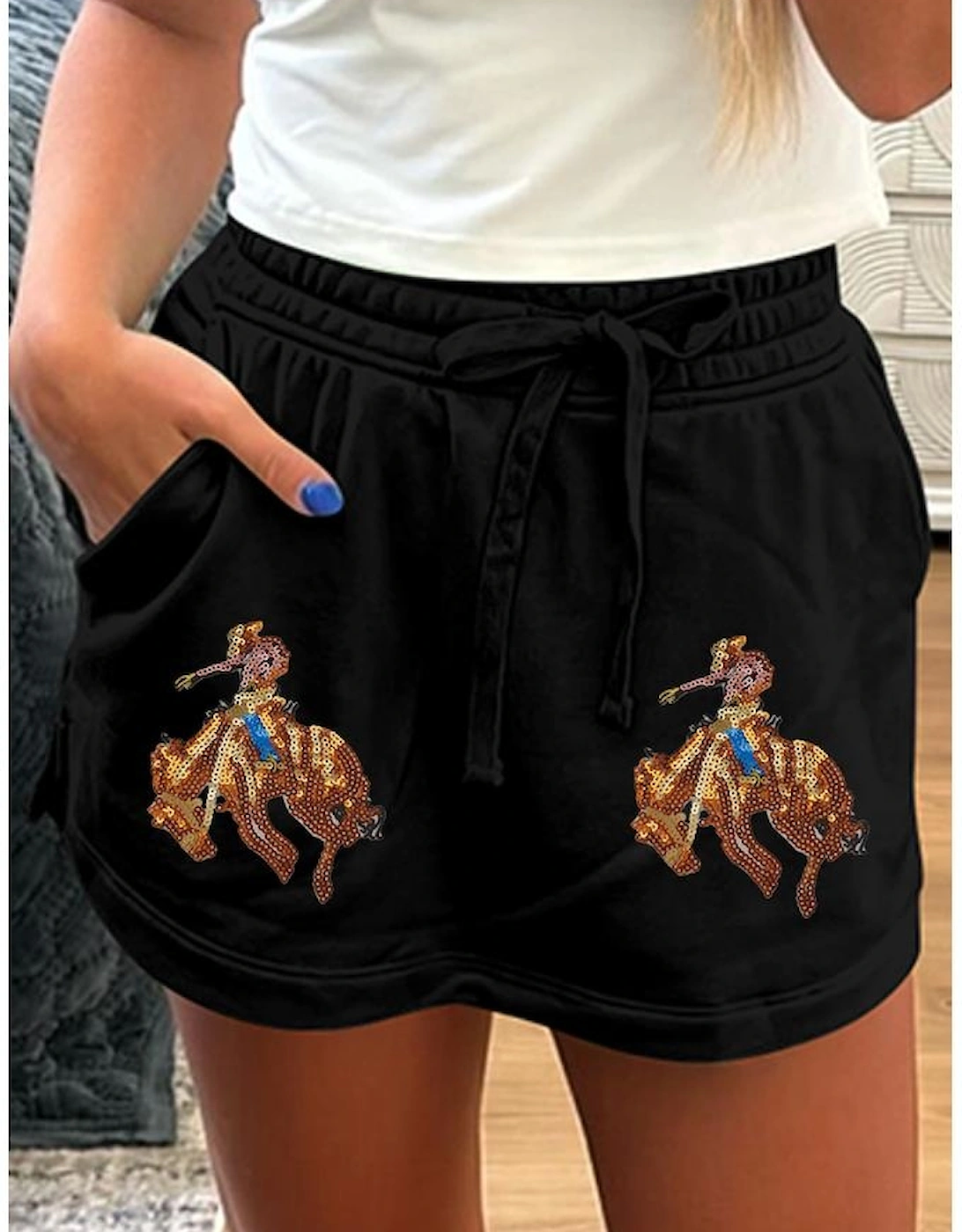 Black Sequin Western Cowboy Patched Lace-up High Waist Skort