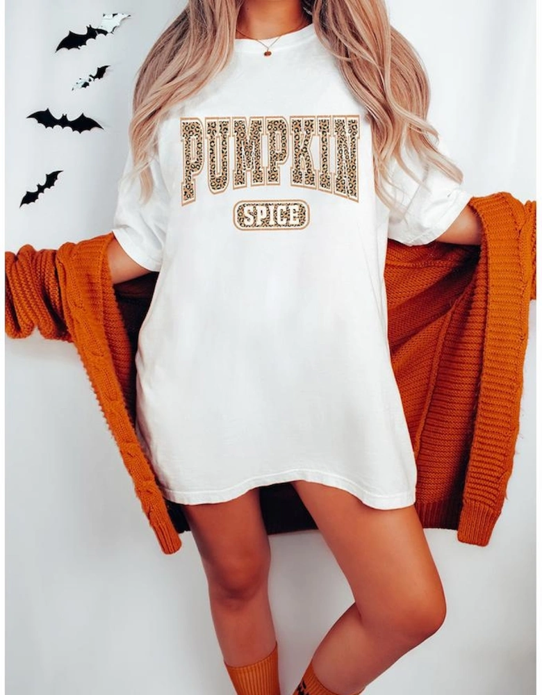 White PUMPKIN SPICE Leopard Graphic Tunic T Shirt