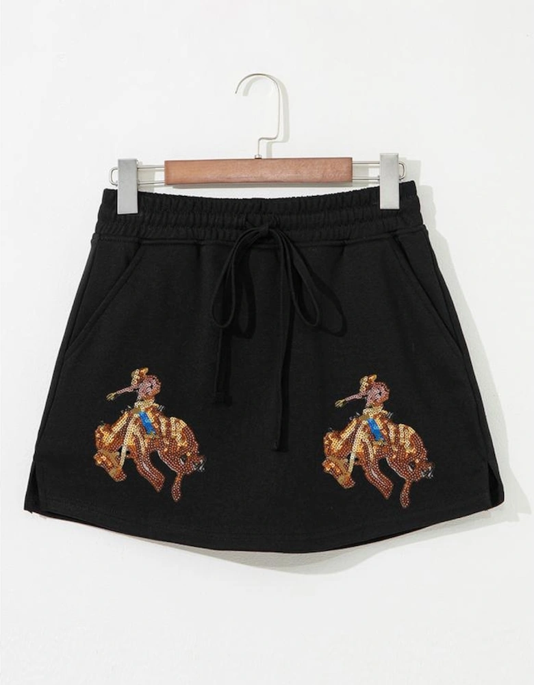 Black Sequin Western Cowboy Patched Lace-up High Waist Skort
