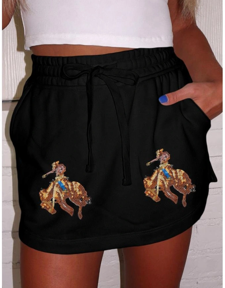 Black Sequin Western Cowboy Patched Lace-up High Waist Skort