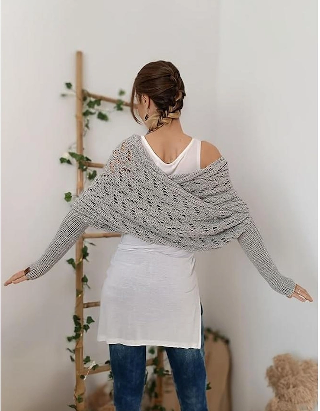 Azura Exchange Gray Cross Detail Hollowed Knit Scarf with Sleeves, 4 of 3