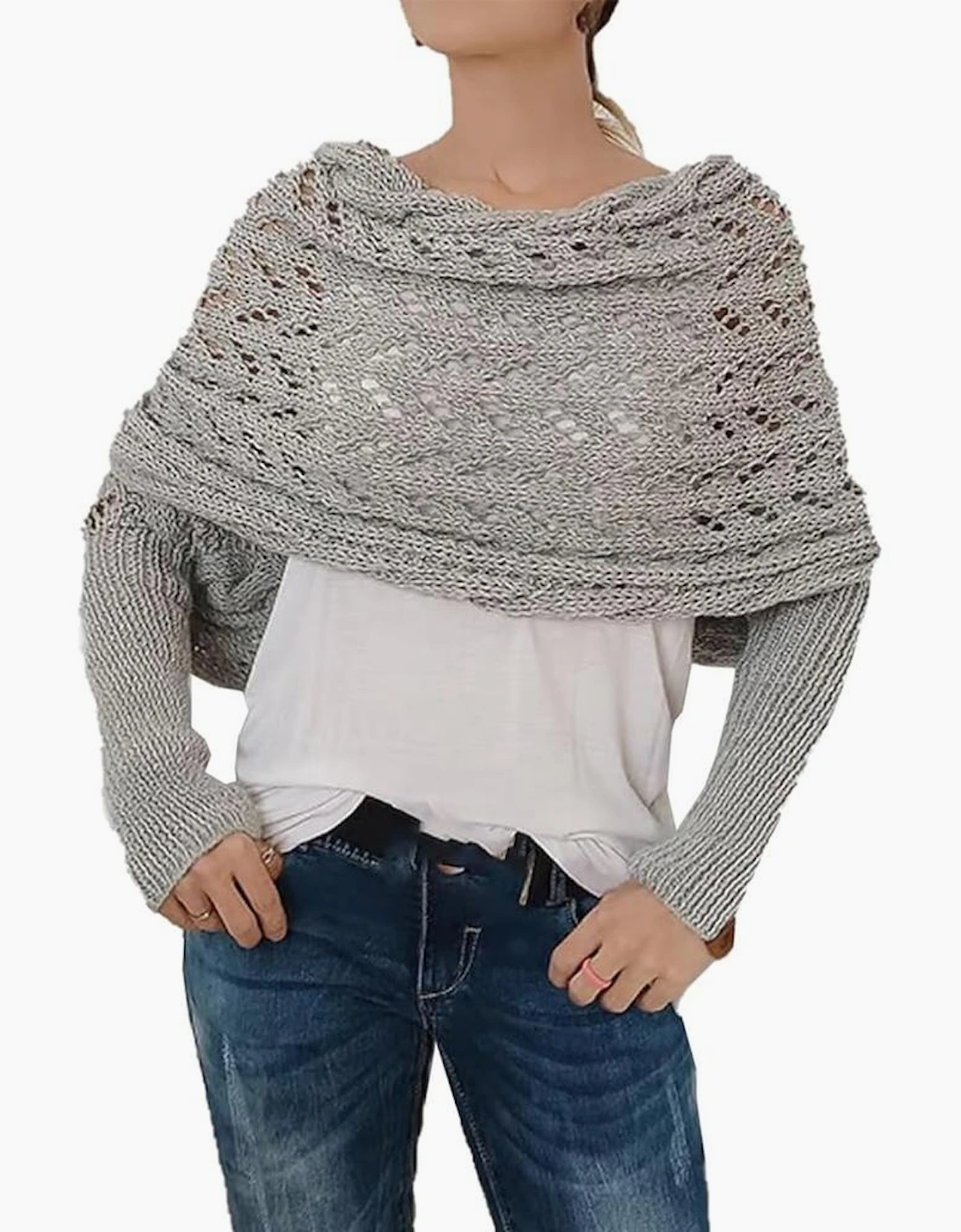 Azura Exchange Gray Cross Detail Hollowed Knit Scarf with Sleeves