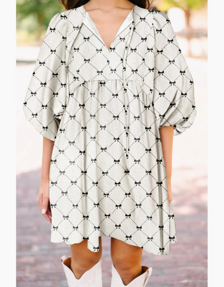 White Bowtie Pattern Textured Puff Half Sleeve Loose Mini Dress