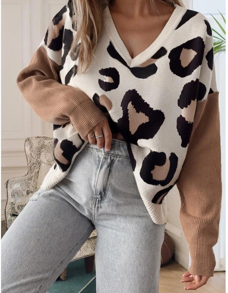 Jet Stream Leopard Print Color Block Patchwork Sleeve V Neck Sweater
