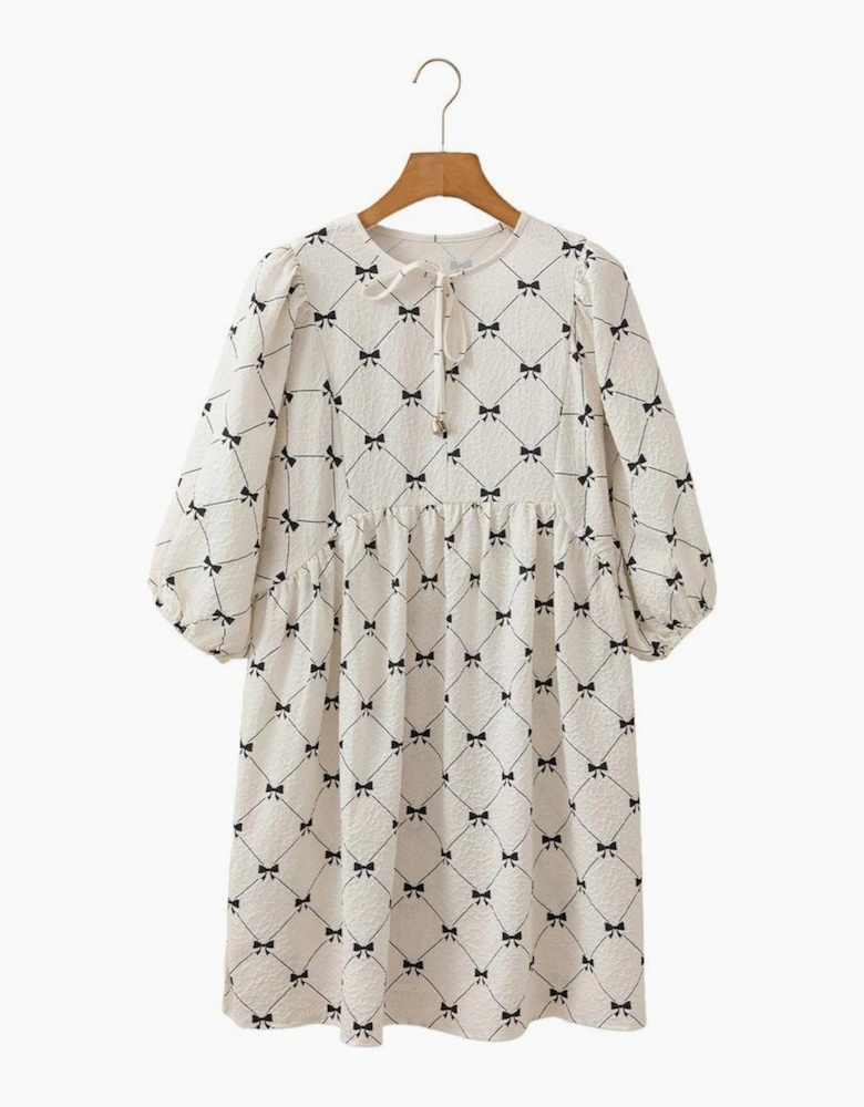 White Bowtie Pattern Textured Puff Half Sleeve Loose Mini Dress