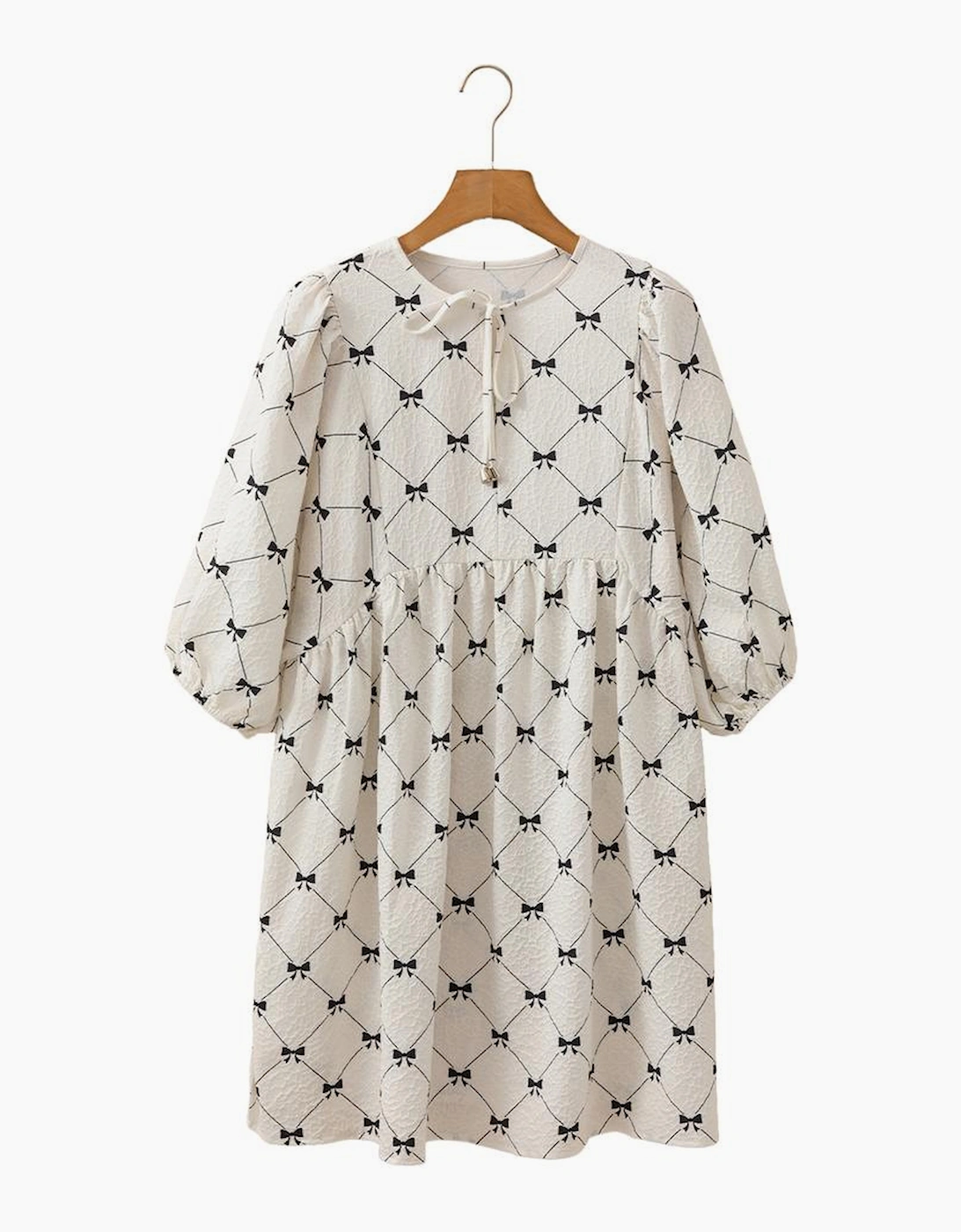 White Bowtie Pattern Textured Puff Half Sleeve Loose Mini Dress