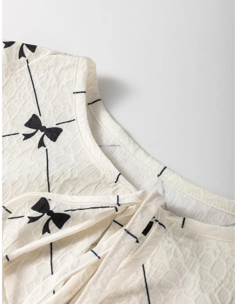 White Bowtie Pattern Textured Puff Half Sleeve Loose Mini Dress