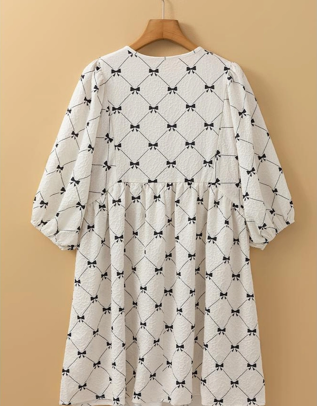 White Bowtie Pattern Textured Puff Half Sleeve Loose Mini Dress, 12 of 11