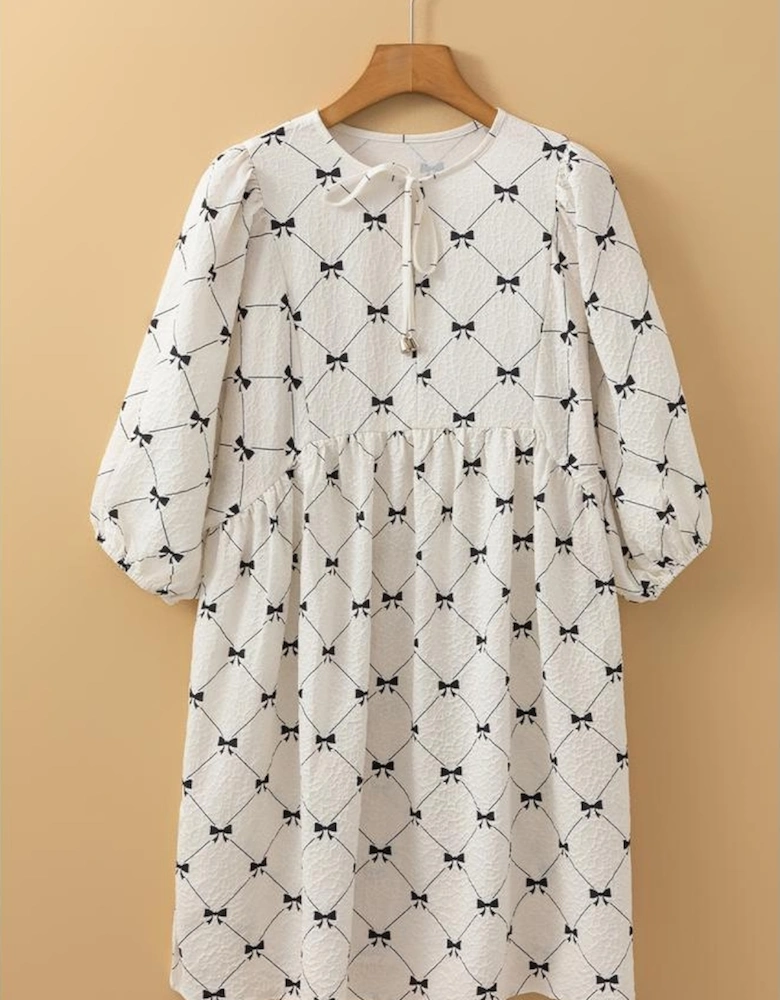 White Bowtie Pattern Textured Puff Half Sleeve Loose Mini Dress