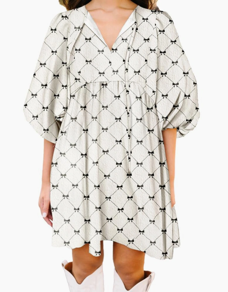 White Bowtie Pattern Textured Puff Half Sleeve Loose Mini Dress