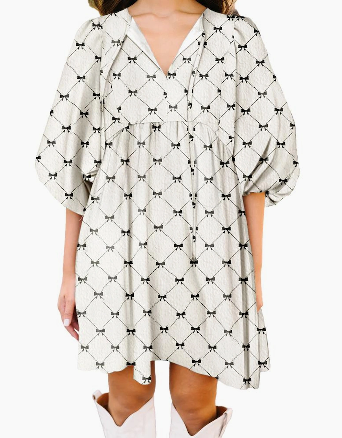 White Bowtie Pattern Textured Puff Half Sleeve Loose Mini Dress