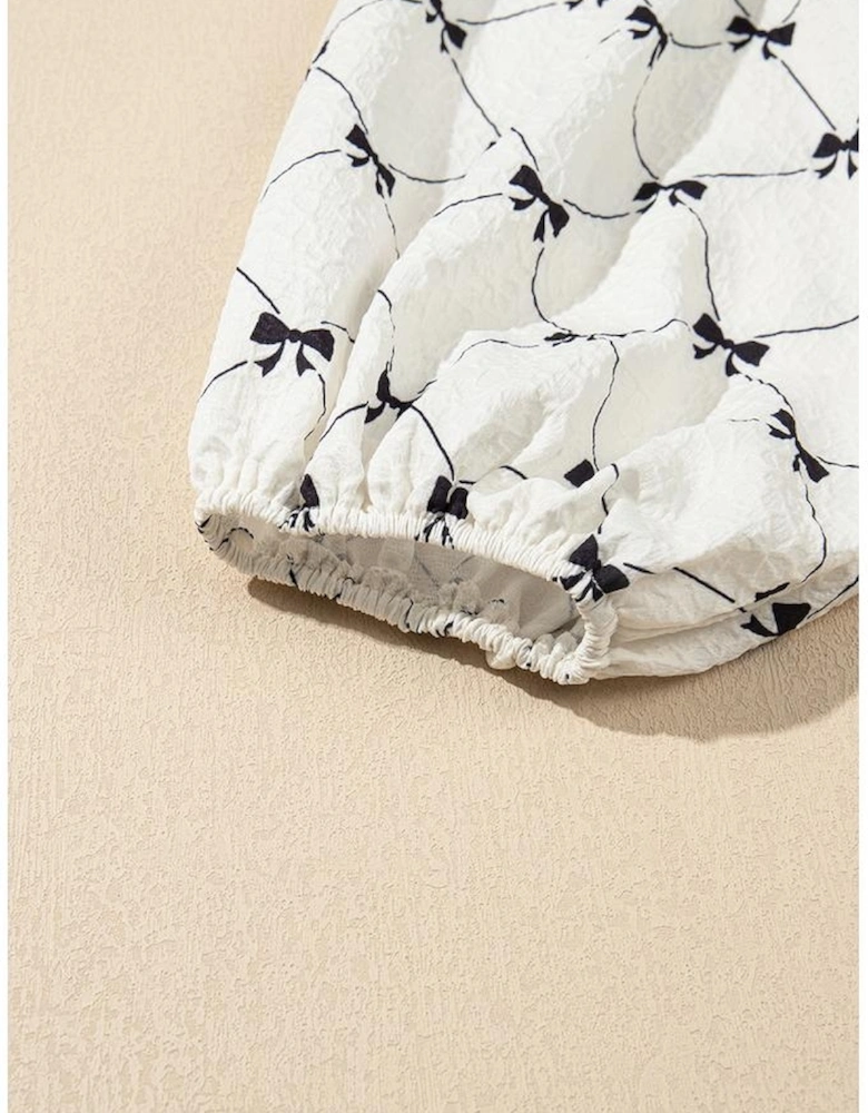 White Bowtie Pattern Textured Puff Half Sleeve Loose Mini Dress