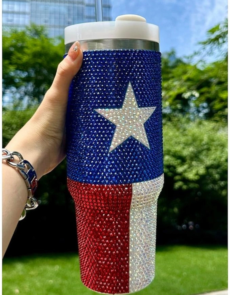 Dark Blue American Flag Star Full Rhinestone Handle Tumbler 40oz
