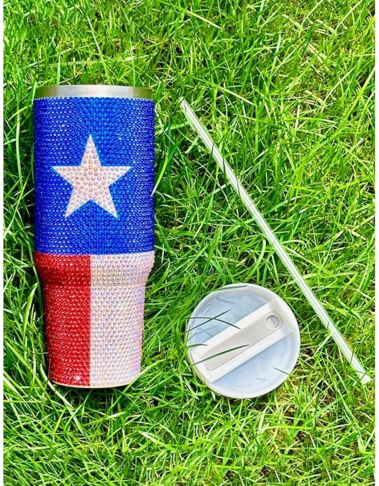 Dark Blue American Flag Star Full Rhinestone Handle Tumbler 40oz