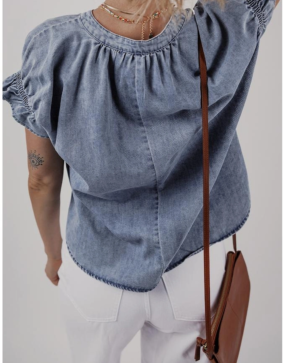 Dusk Blue V Neck Ruffled Short Puff Sleeve Denim Top