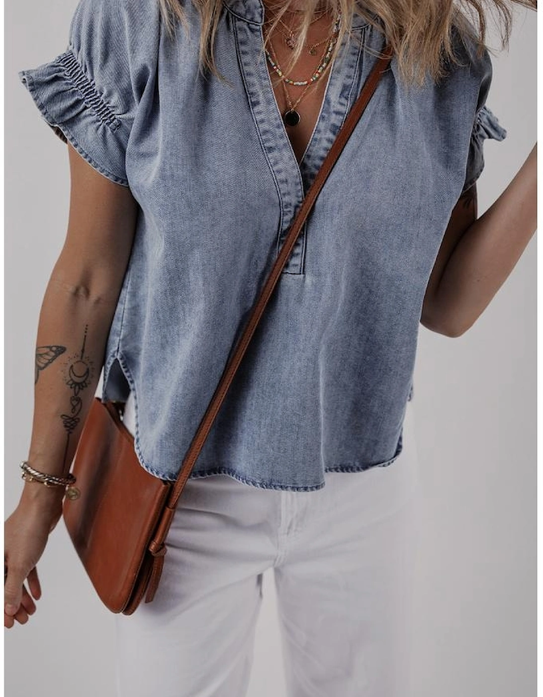 Dusk Blue V Neck Ruffled Short Puff Sleeve Denim Top