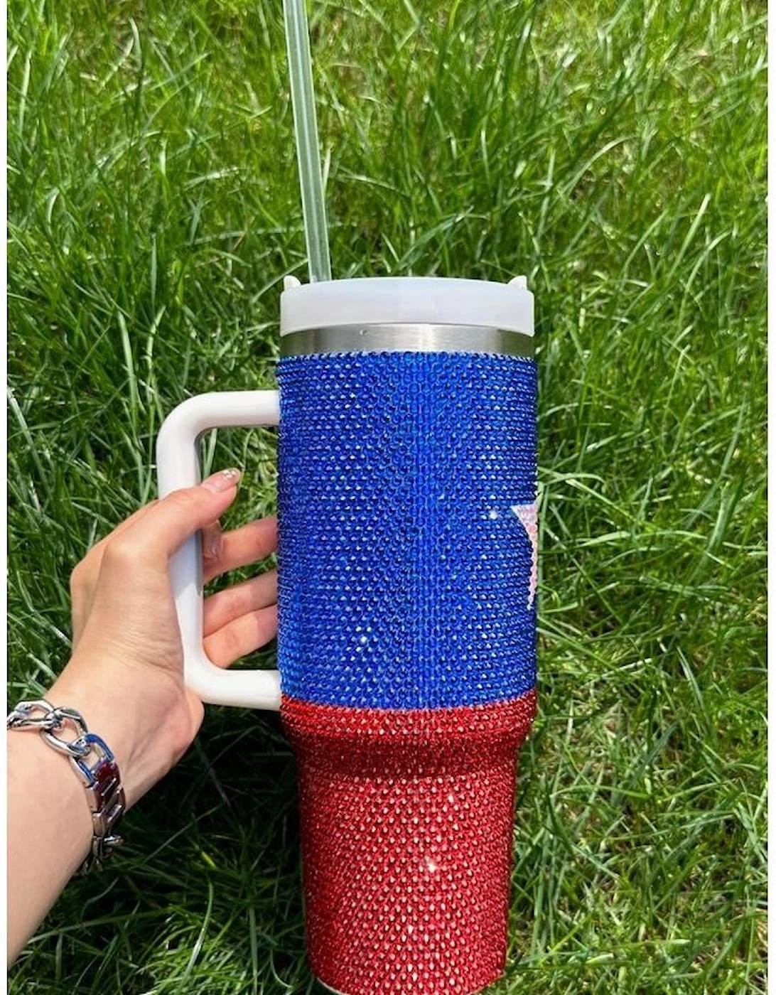 Dark Blue American Flag Star Full Rhinestone Handle Tumbler 40oz
