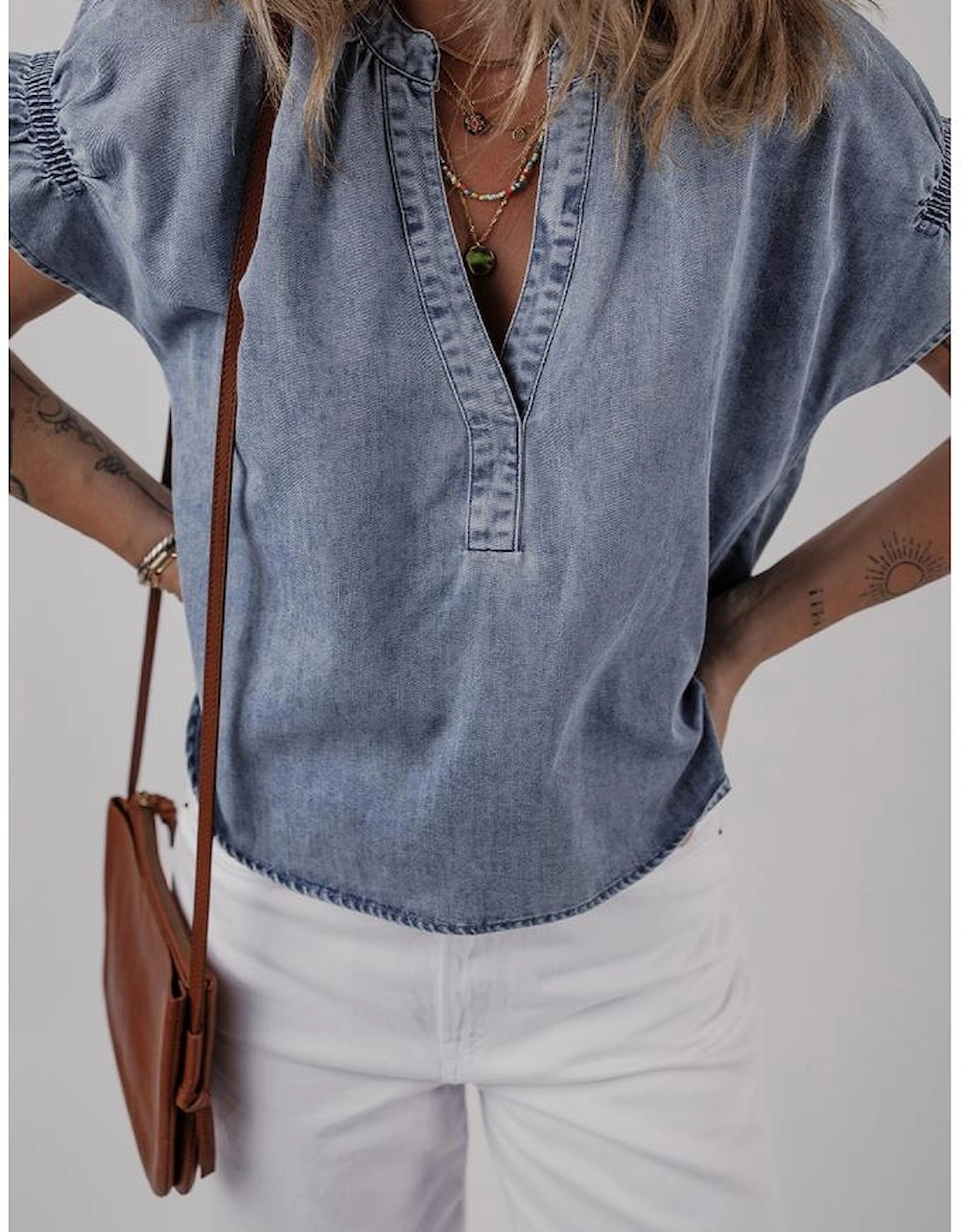 Dusk Blue V Neck Ruffled Short Puff Sleeve Denim Top