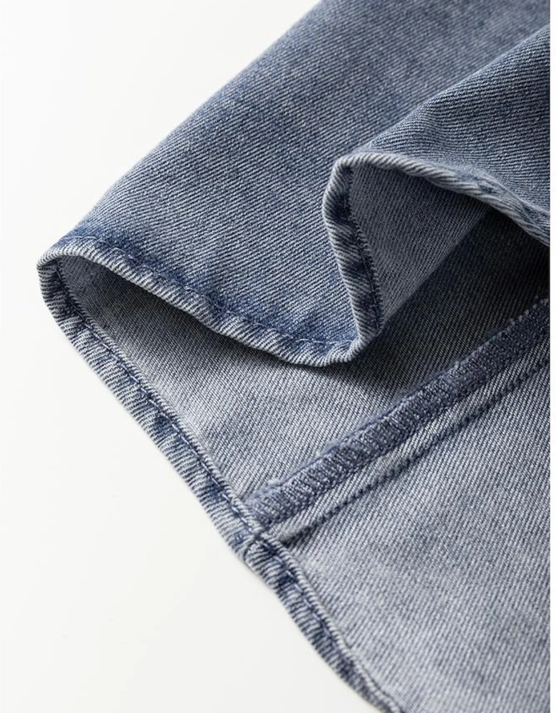 Dusk Blue V Neck Ruffled Short Puff Sleeve Denim Top