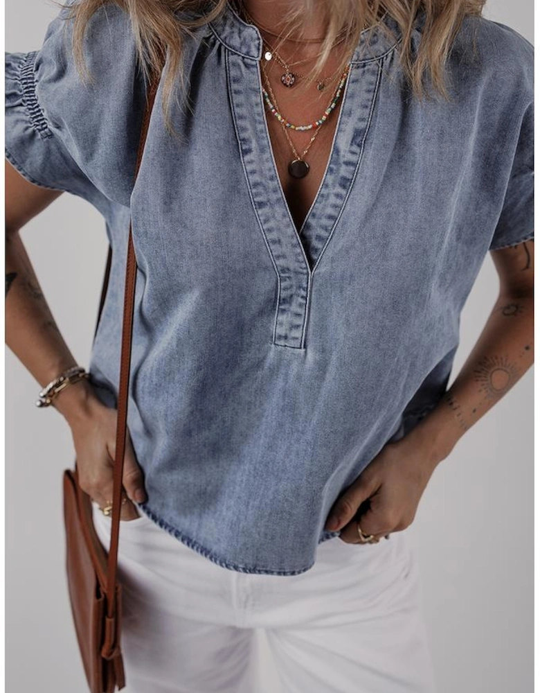 Dusk Blue V Neck Ruffled Short Puff Sleeve Denim Top