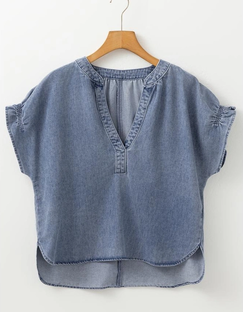 Dusk Blue V Neck Ruffled Short Puff Sleeve Denim Top