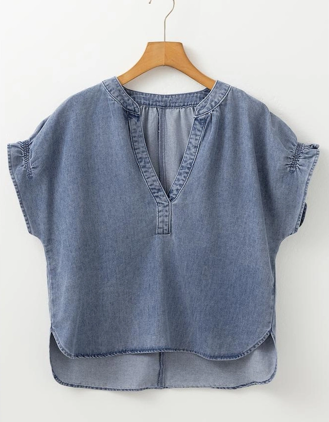 Dusk Blue V Neck Ruffled Short Puff Sleeve Denim Top