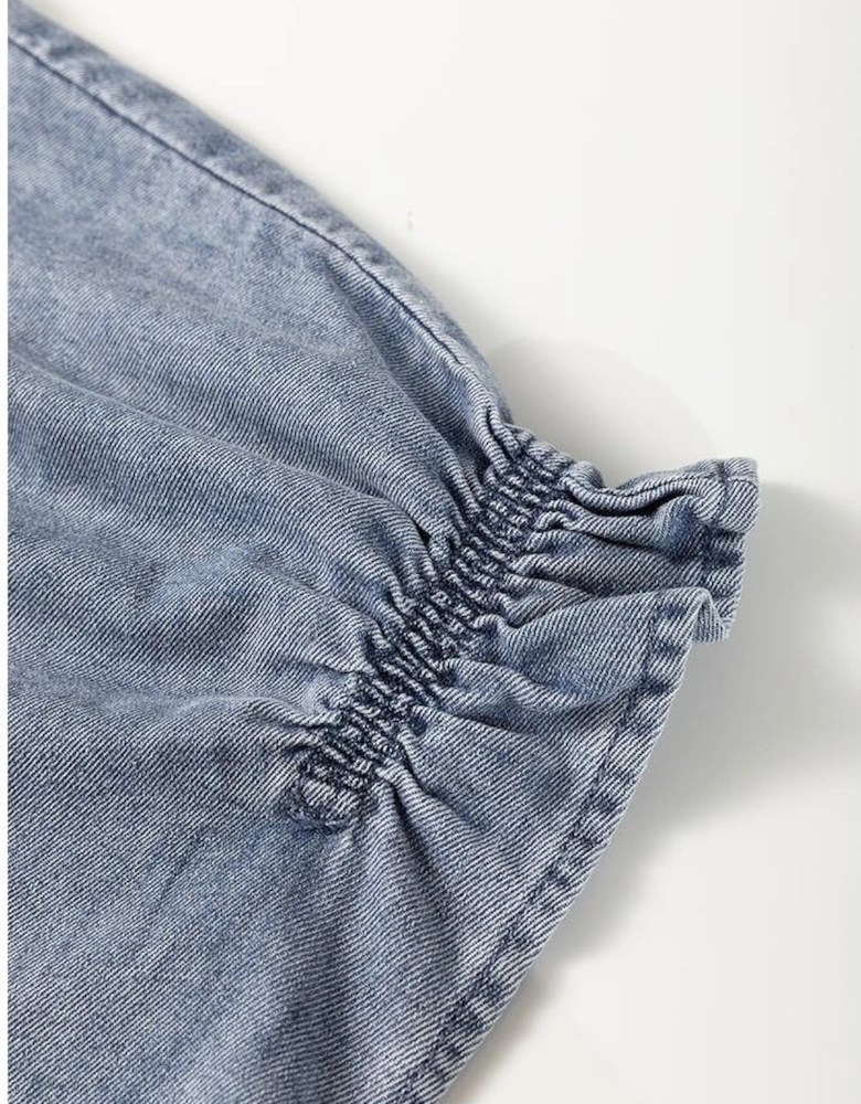 Dusk Blue V Neck Ruffled Short Puff Sleeve Denim Top