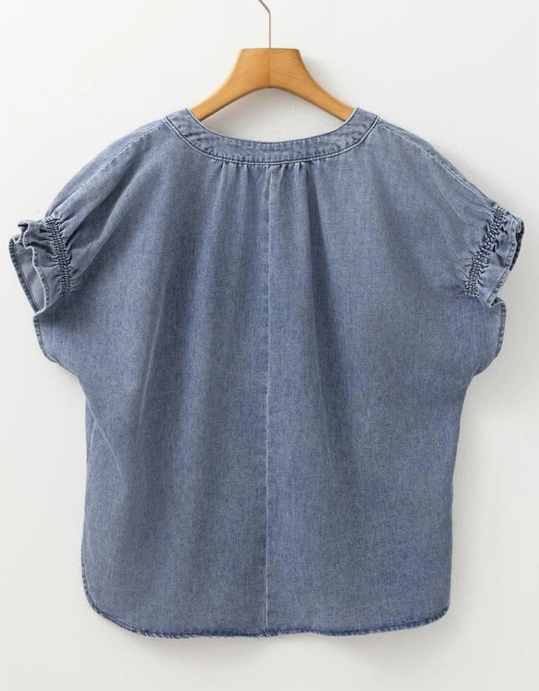 Dusk Blue V Neck Ruffled Short Puff Sleeve Denim Top