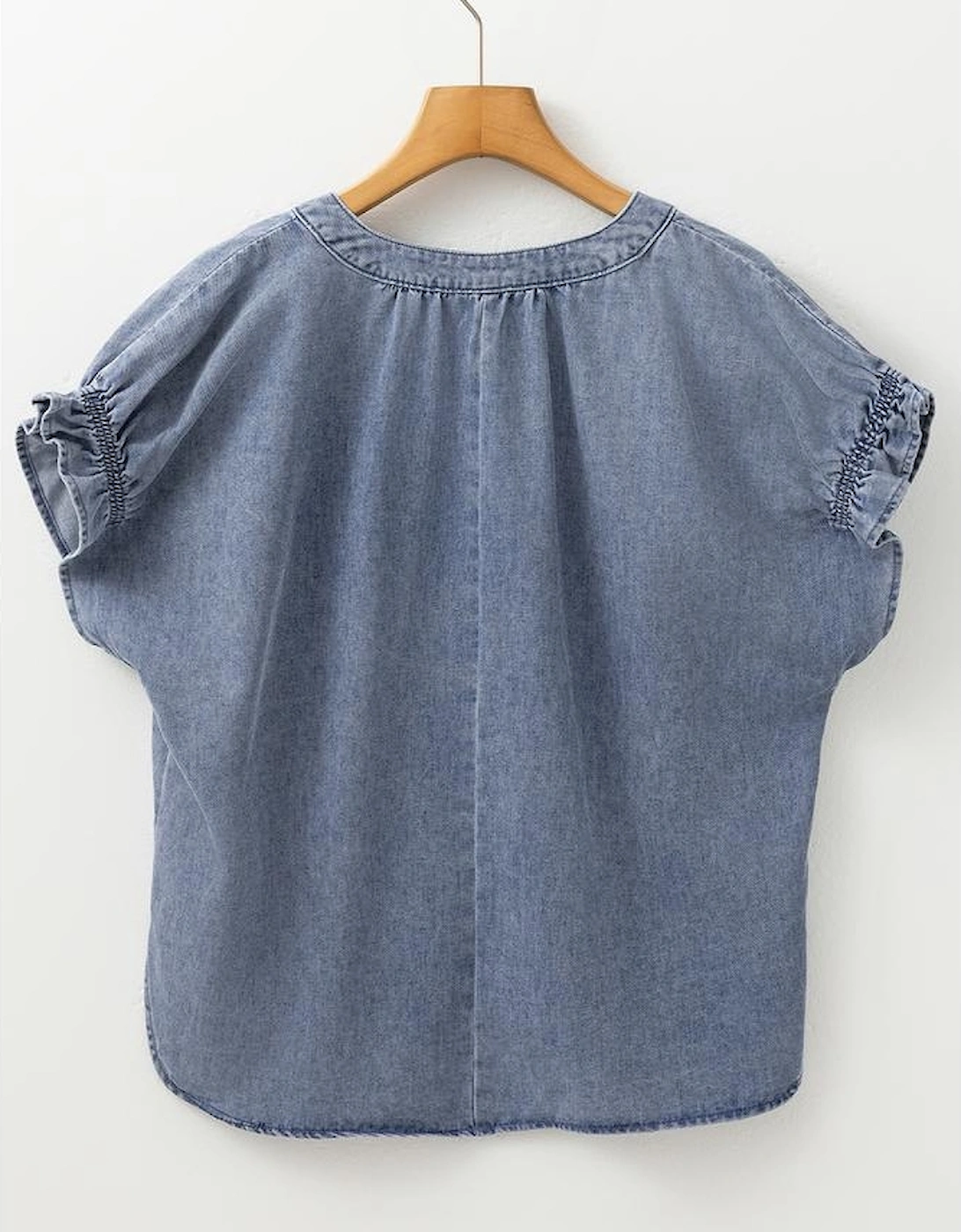 Dusk Blue V Neck Ruffled Short Puff Sleeve Denim Top