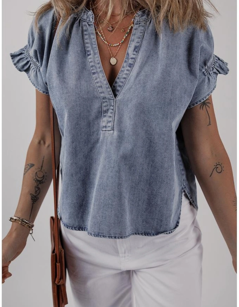 Dusk Blue V Neck Ruffled Short Puff Sleeve Denim Top