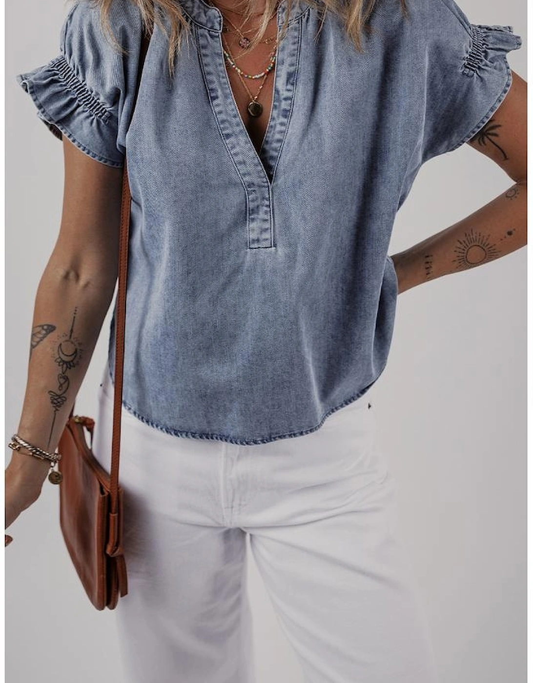 Dusk Blue V Neck Ruffled Short Puff Sleeve Denim Top