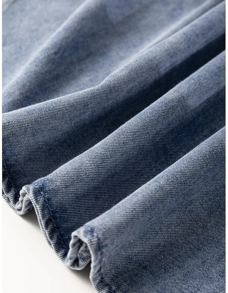 Dusk Blue V Neck Ruffled Short Puff Sleeve Denim Top