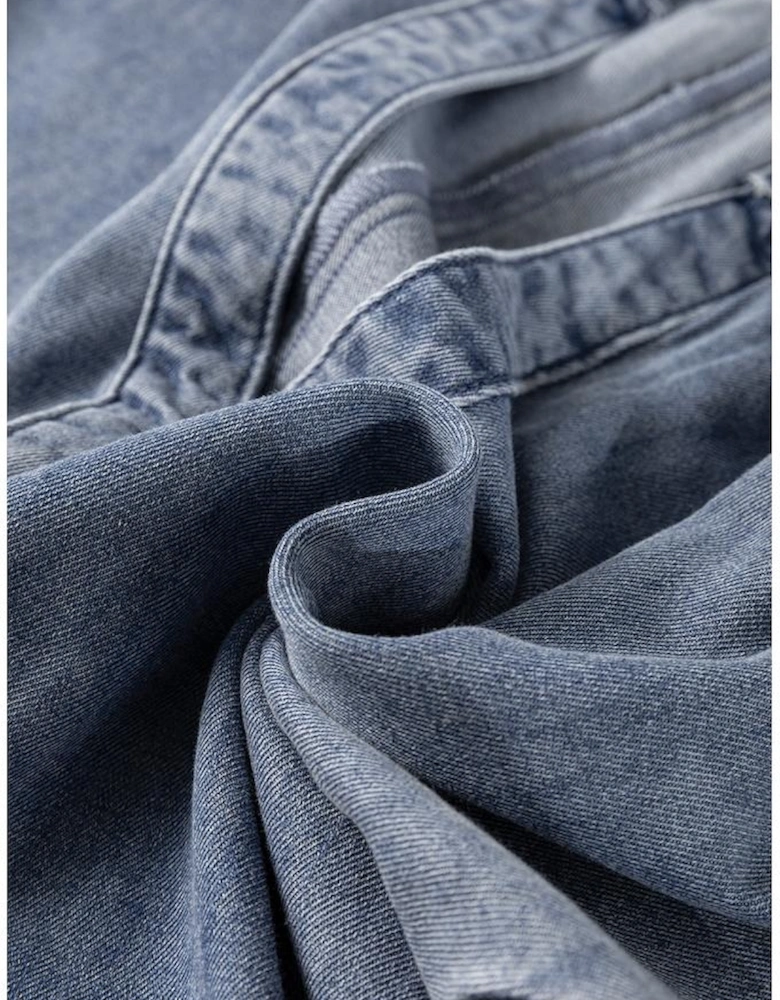 Dusk Blue V Neck Ruffled Short Puff Sleeve Denim Top